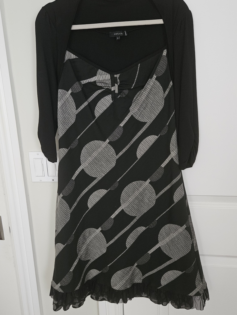 Black Midi Dress with Gray Geometric Print, Made In France, Size 12
